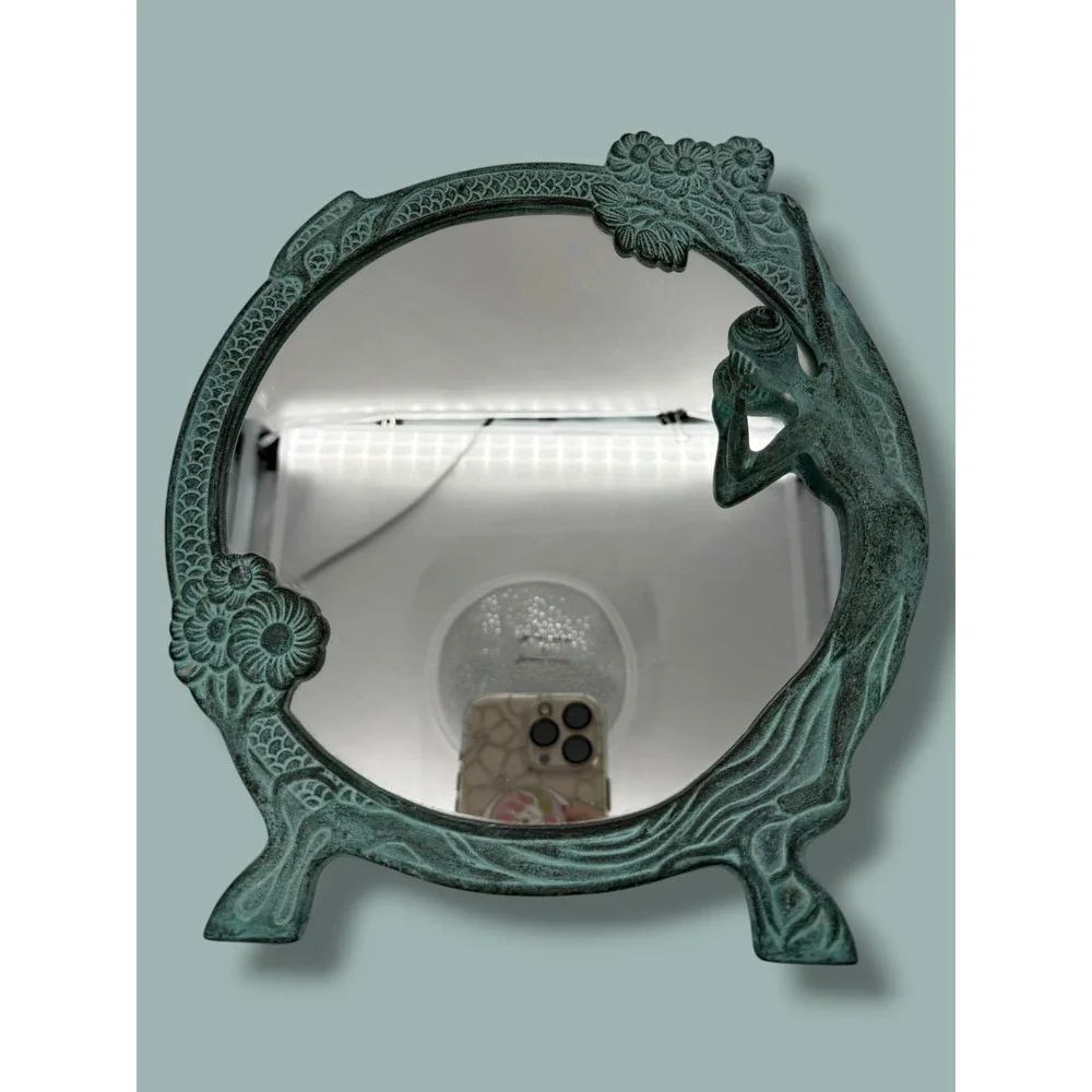 Vintage Art Nouveau Lady Tabletop Mirror Verdigris Metal Fairycore Mermaidcore